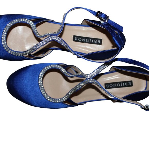 ERIJUNOR Comfort Low Heel Closed-Toe Ankle Strap Blue Satin Rhinestones 8, NIB - Picture 13 of 14
